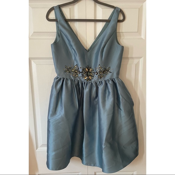 Adrianna Papell Dresses & Skirts - Adrianna Papell Blue Satin Fit and Flare Mini Dress with Jewel Details, Size 10